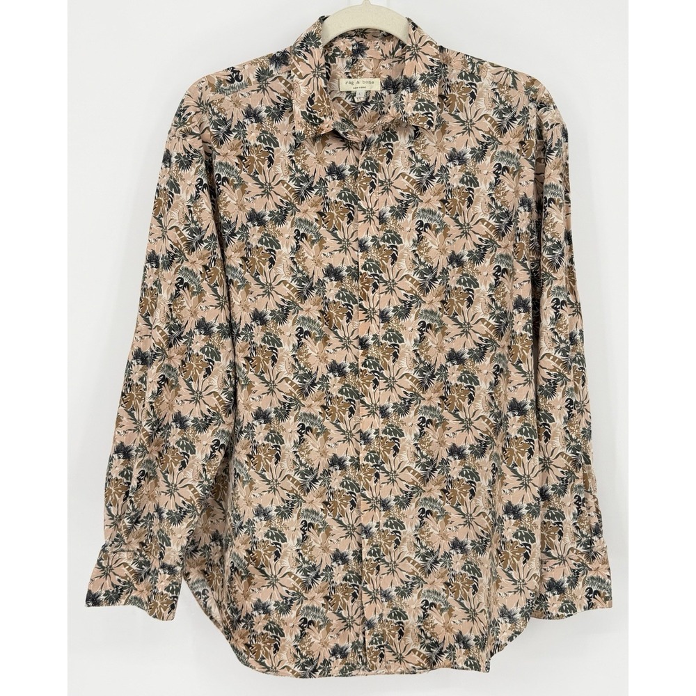 Rag Bone New York Mens Shirt L Beige Cotton Leaf Print Long Sleeve Button Up USA